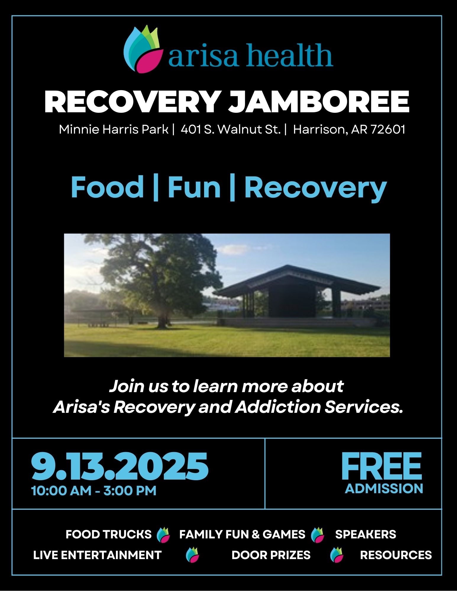 Arisa Health Recovery Jamboree — Sept 13, 2025, 10:00 AM–3:00 PM, Minnie Harris Park, Harrison, AR — Free admission.