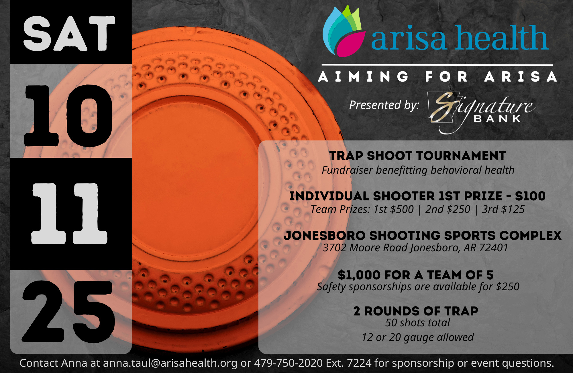 Arisa Health — Aiming for Arisa Trap Shoot Tournament, Sat 10/11/2025, Jonesboro Shooting Sports Complex — Presented by Signature Bank.
