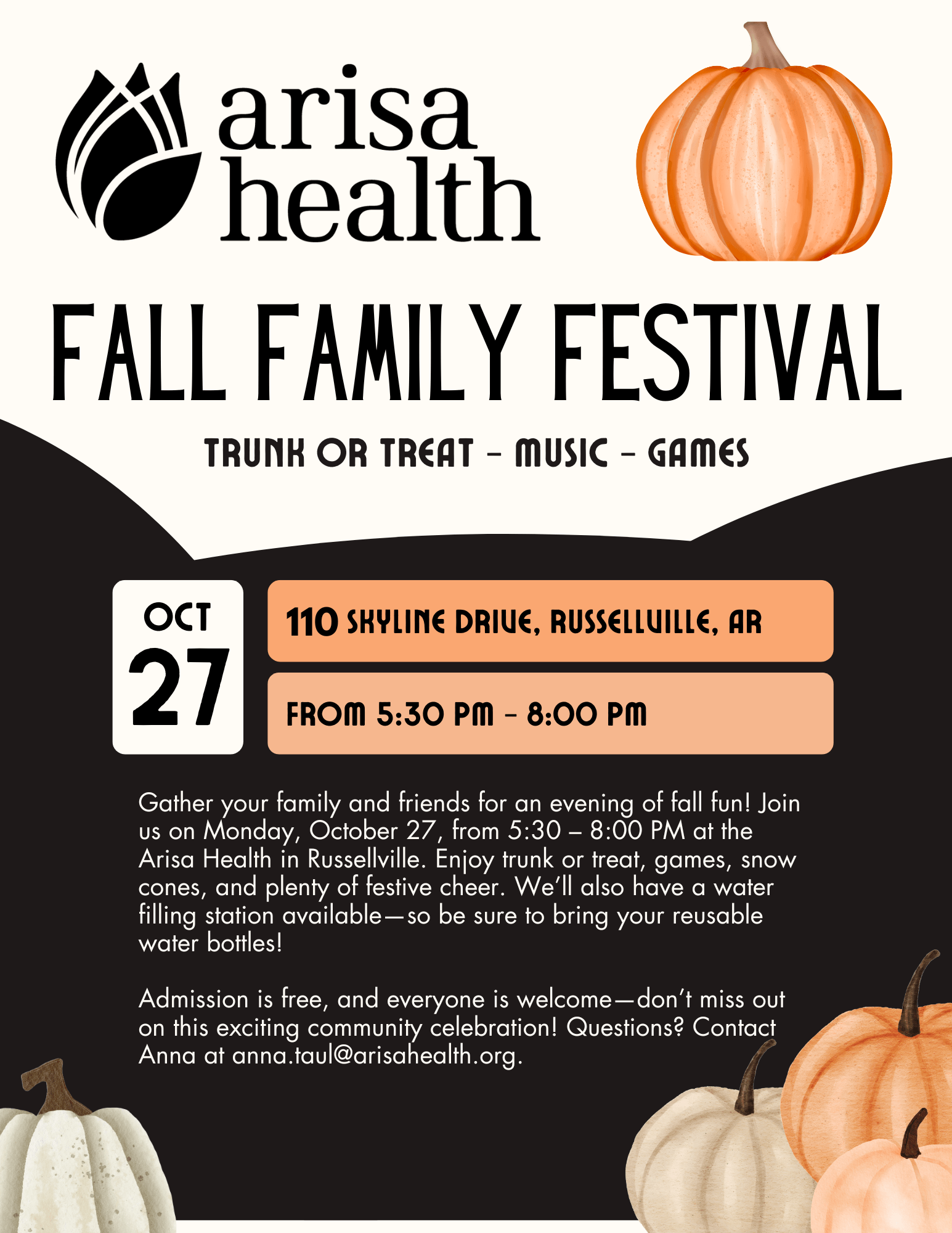 Gather your family and friends for an evening of fall fun! Enjoy trunk-or-treat, games, snow cones, and plenty of festive cheer. We'll also have a water-filling station available.